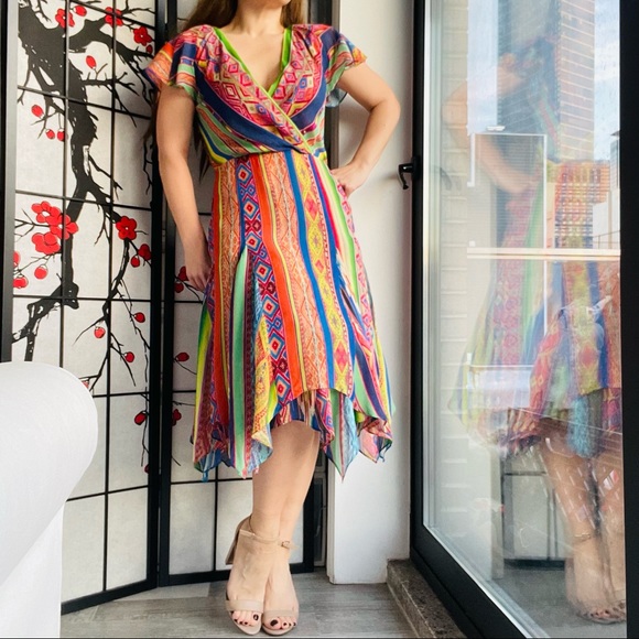 🚢Polo Ralph Lauren Multicolored Printed Silk Asymmetric Hem Detail Dress Tribal - Picture 11 of 17